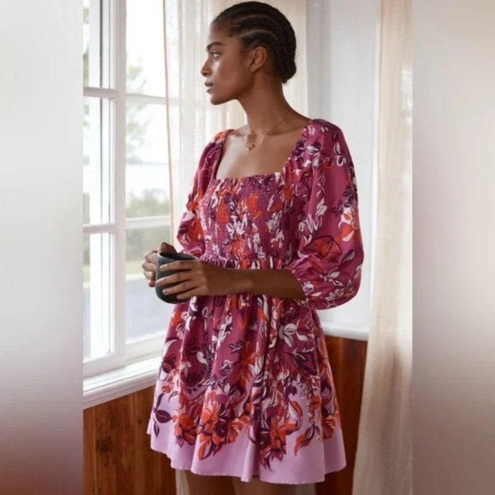 Anthropologie Smocked Flannel Pajama Dress In Pink Combo Size S NWT